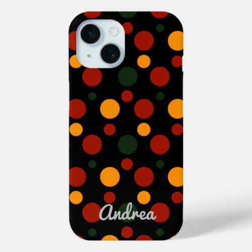 Polka Dots Red Orange and Green on Black iPhone 15 Case