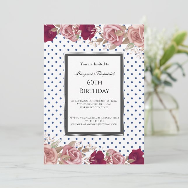 Polka Dots  Red Pink Roses Birthday White Invitation (Standing Front)