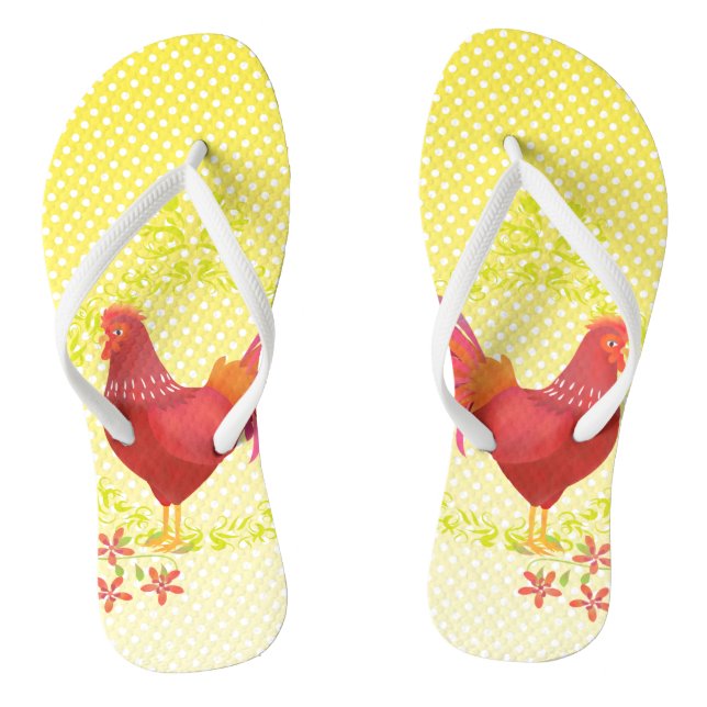 Polka Dots Rooster Yellow Flip Flops (Footbed)