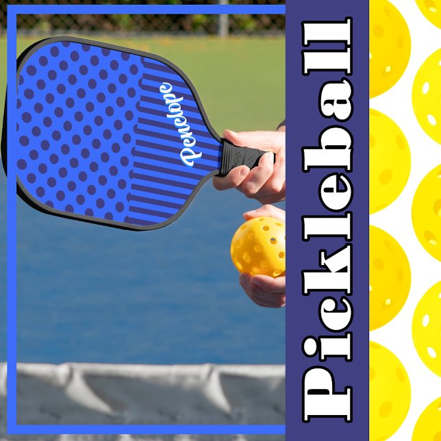 Polka Dots Striped Blue Raspberry Pickleball Paddle (Sky Blue and Navy Blue Polka Dots and Stripes Pickleball Paddle to Personalize)