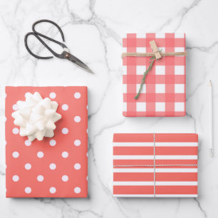 Polka Dots, Stripes and Gingham Patterns in Coral Wrapping Paper Sheets