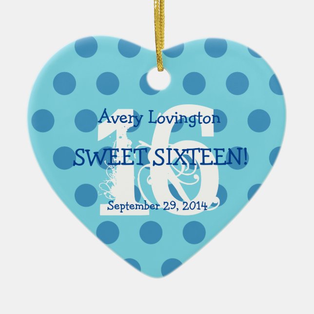 Polka Dots Sweet 16 Birthday V06 AQUA and BLUE Ceramic Ornament (Front)