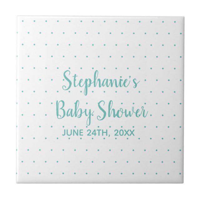 Polka Dots Teal Blue White Boy Girl Baby Shower Ceramic Tile (Front)