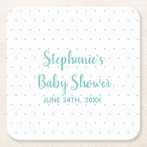 Polka Dots Teal Blue White Boy Girl Baby Shower Square Paper Coaster