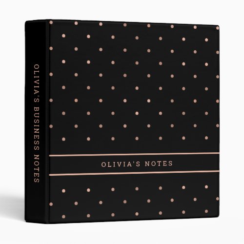 Polka Dots  Trendy Black and Faux Rose Gold 3 Ring Binder