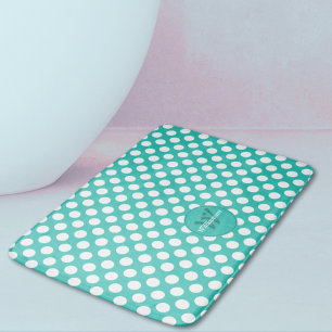 Polka Dots Turquoise & White Initial Family Name Bath Mat