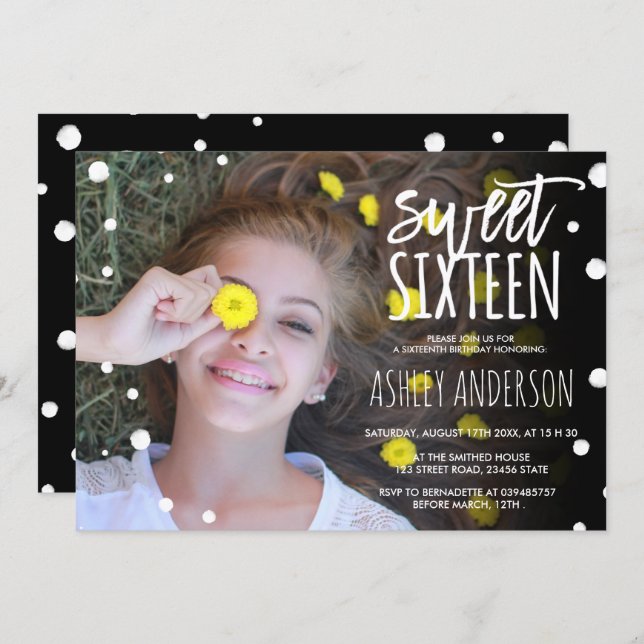 Polka dots watercolor typography photo Sweet 16 Invitation (Front/Back)