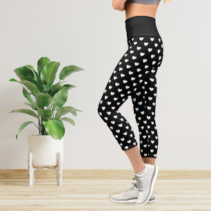 Polka Dots White Hearts Pattern Capri Leggings