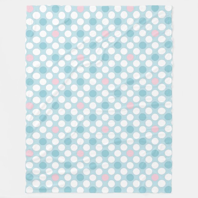 Polka dots white pink blue retro fleece blanket (Front)