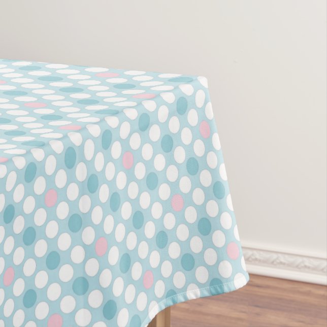 Polka dots white pink blue retro tablecloth (In Situ)