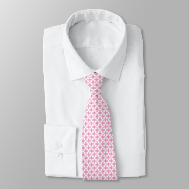 Polka dots white pink retro neck tie (Tied)