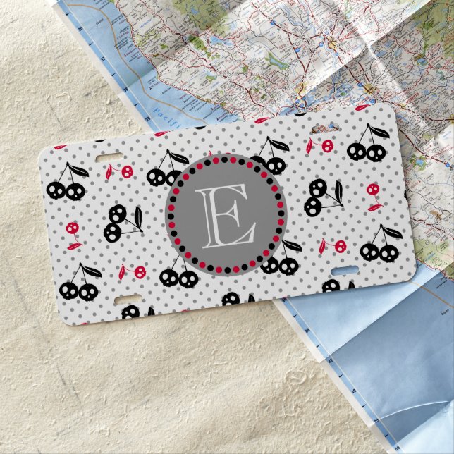 Polka Dots with Cherry Skulls Monogram License Plate (In Situ)