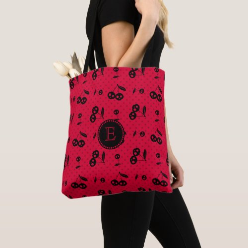 Polka Dots with Cherry Skulls Monogram Tote Bag