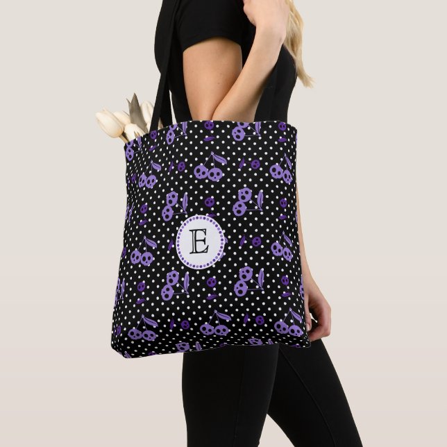 Polka Dots with Cherry Skulls Monogram Tote Bag (Close Up)