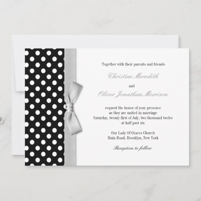 Polka Dots With Gray Bow Wedding Invitation (Front)