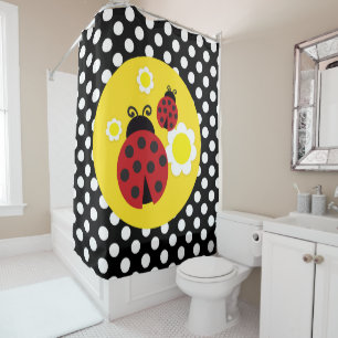 Polka Dots Yellow Flowers Whimsical Red Ladybug Shower Curtain