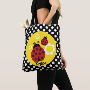 Polka Dots Yellow Flowers Whimsical Red Ladybug Tote Bag