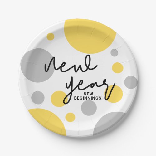 Polka dots Yellow Grey of New Year New Beginnings Paper Plates