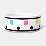 Polka Dots Yellow Pink Turquoise Pet Bowl<br><div class="desc">Colorful geometric polka dotted pet bowl. Black double border trim with pink, yellow, turquoise, black dots against white background. Bright, fun fresh trendy circular shapes. Click to personalize and customize dots colors, if you wish. Original artwork design by TamiraZDesigns. www.zazzle.com/tamirazdesigns</div>