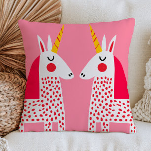 Polka Dotted White Unicorns on Pastel Pink Throw Pillow