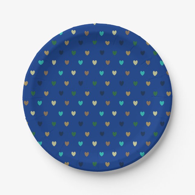 Polka hearts in peacock blue shades paper plates (Front)