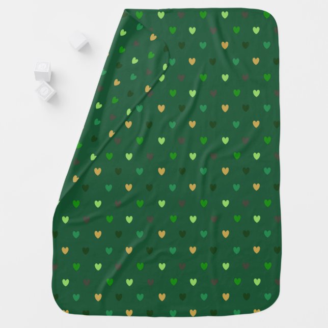 Polka hearts on forest green baby blanket (In Situ)