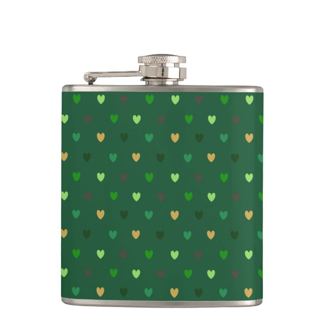 Polka hearts on forest green flask (Front)