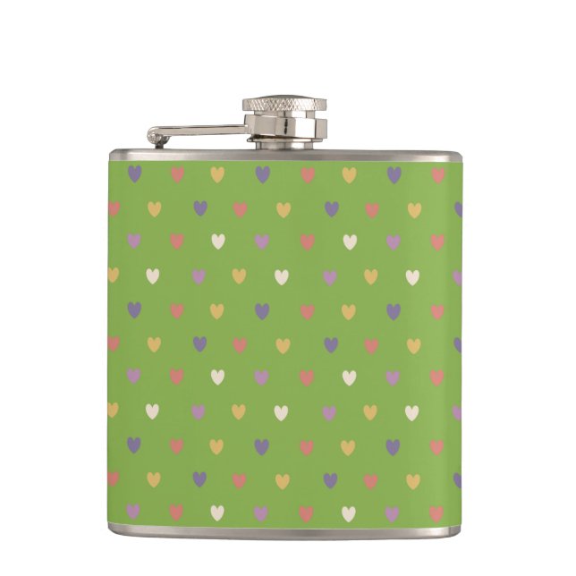 Polka hearts on greenery green flask (Front)