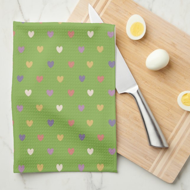 Polka hearts on greenery green kitchen towel (Quarter Fold)