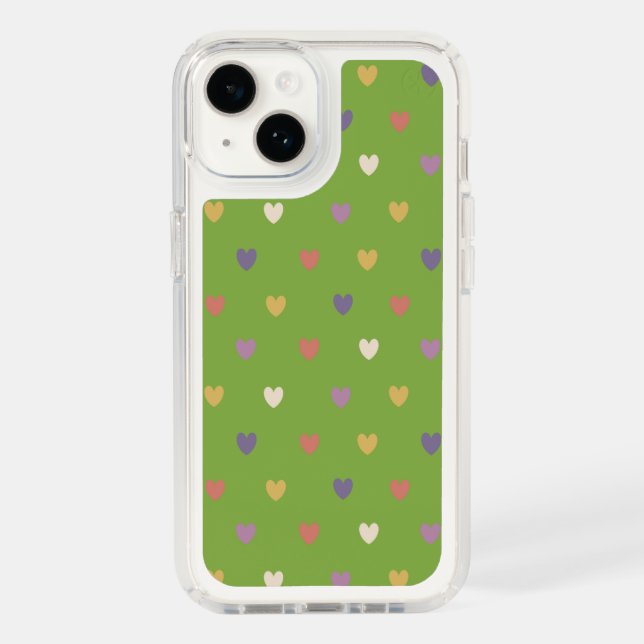 Polka hearts on greenery green speck iPhone case (Front)