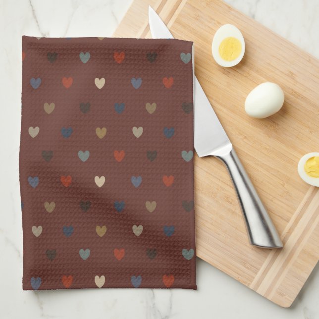 Polka hearts on kilim brown kitchen towel (Quarter Fold)