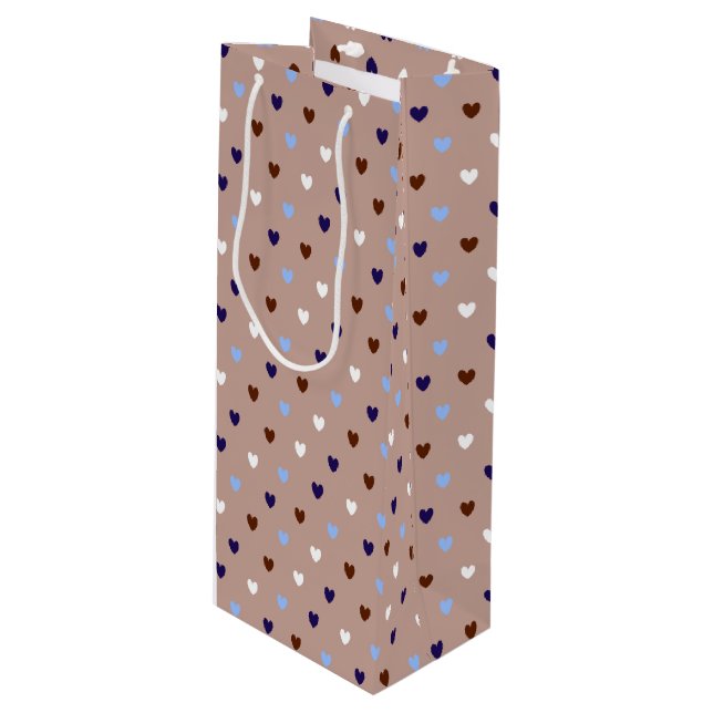 Polka hearts on pale brown wine gift bag (Front Angled)