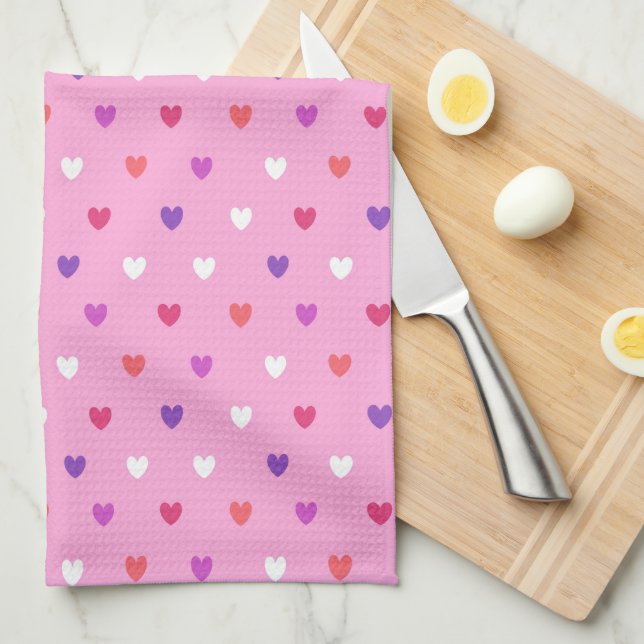 Polka hearts on pink kitchen towel (Quarter Fold)