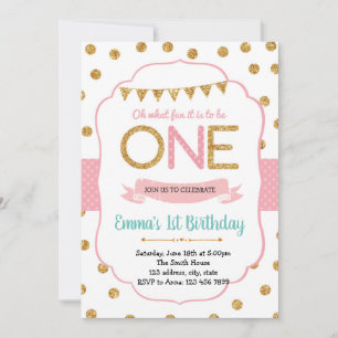 Polka Pink and gold 1st Birthday Invitation
