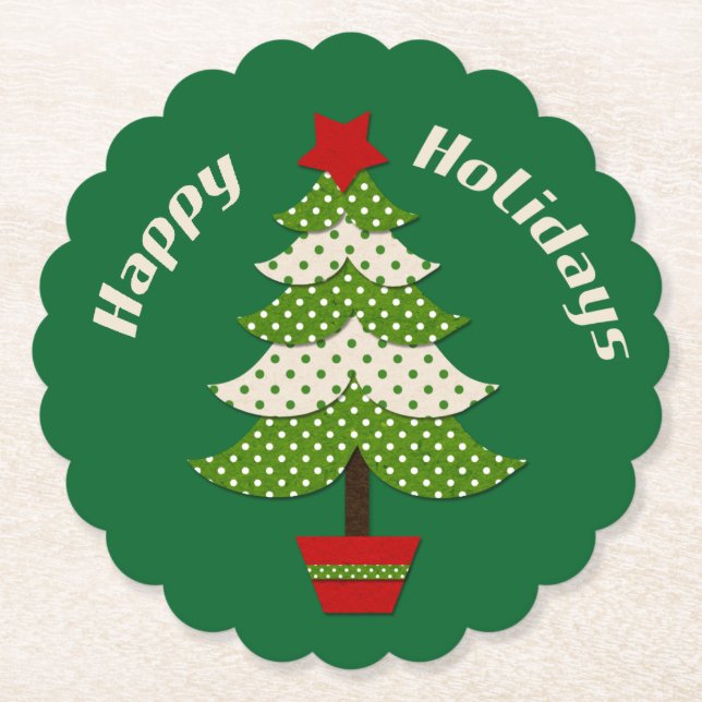 Polkadot Christmas Tree Green Paper Coaster (Front)