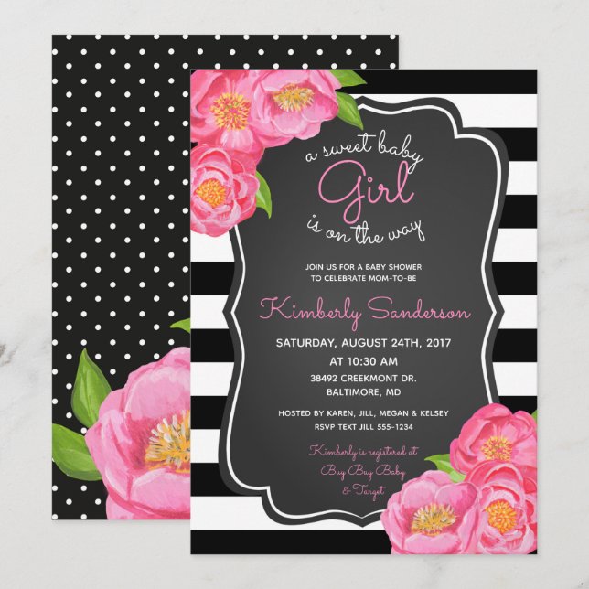 Polkadot Girl Pink Floral Baby Shower Invitation (Front/Back)