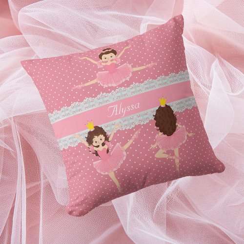 Polkadot Lace Pink Ballerina Pattern Throw Pillow