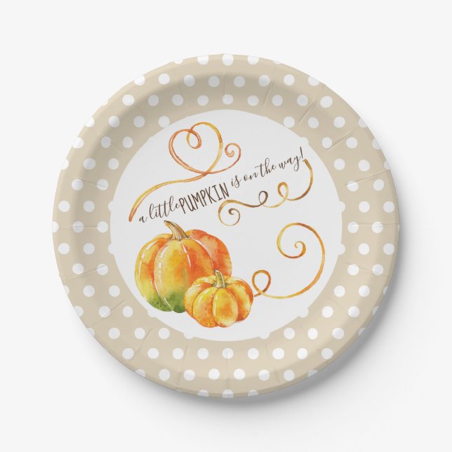 Polkadot Little Pumpkin Fall Baby Shower Food Paper Plates (Front)