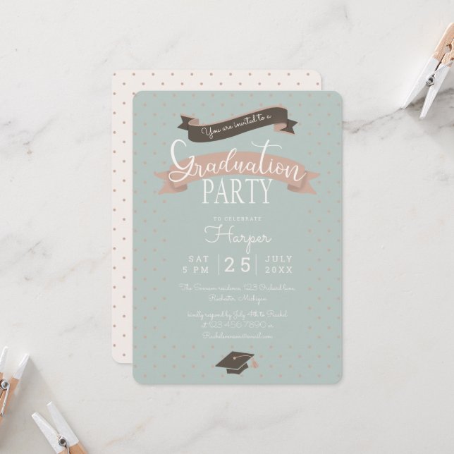 Polkadot vintage graduation party invitation (Front/Back In Situ)