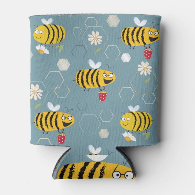 Pollinating Bees, Flowering Garden Scene. Can Cooler (Front)