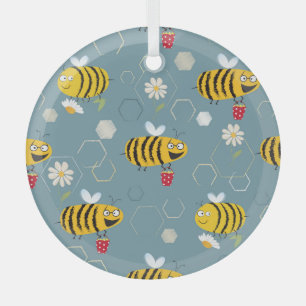 Pollinating Bees, Flowering Garden Scene. Glass Ornament