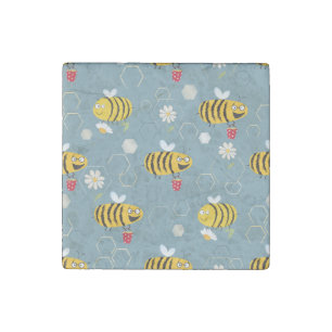 Pollinating Bees, Flowering Garden Scene. Stone Magnet