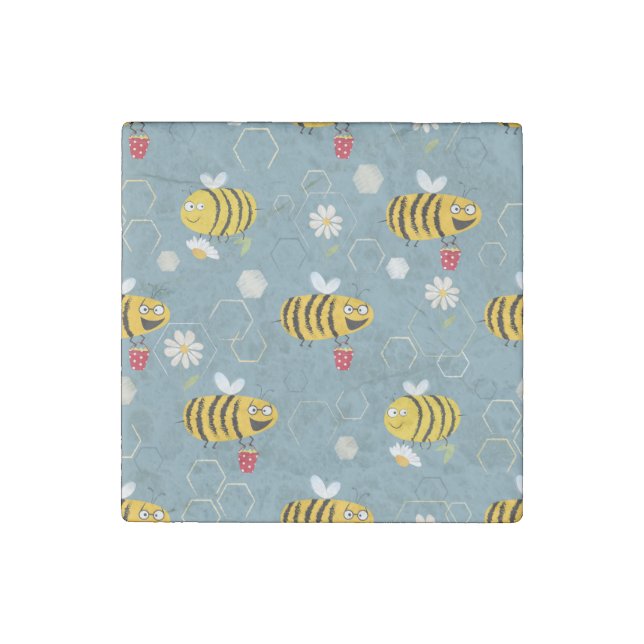 Pollinating Bees, Flowering Garden Scene. Stone Magnet (Front)