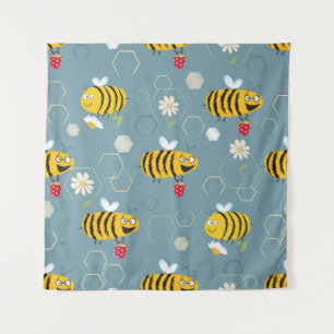 Pollinating Bees, Flowering Garden Scene. Tapestry