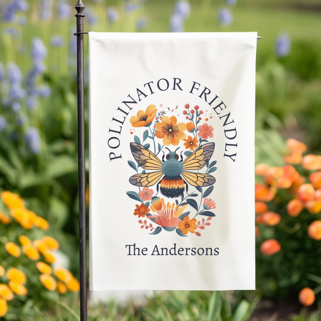 Pollinator Friendly Bee Wildflower Organic Garden Flag (Bumble bee pollinator friendly garden flag)