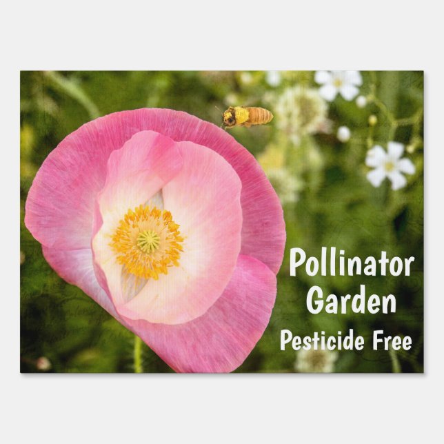 Pollinator Friendly Garden Honeybee Poppy Flowers Sign (Front)