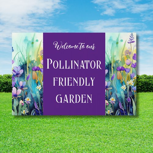 Pollinator friendly garden Welcome no mow purple  Sign