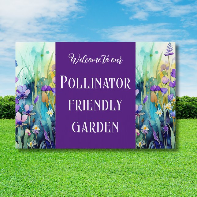Pollinator friendly garden Welcome no mow purple  Sign (Creator Uploaded)