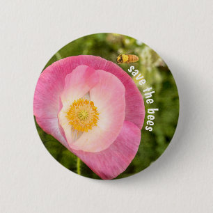 Pollinator Save The Bees Pink Poppy Wildflowers Button