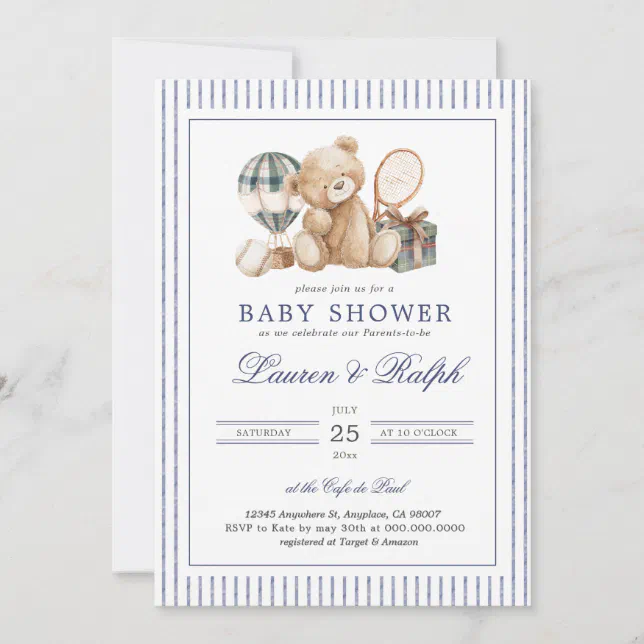 Polo Bear Baby Shower Preppy Boy Plaid Baby Shower Invitation | Zazzle